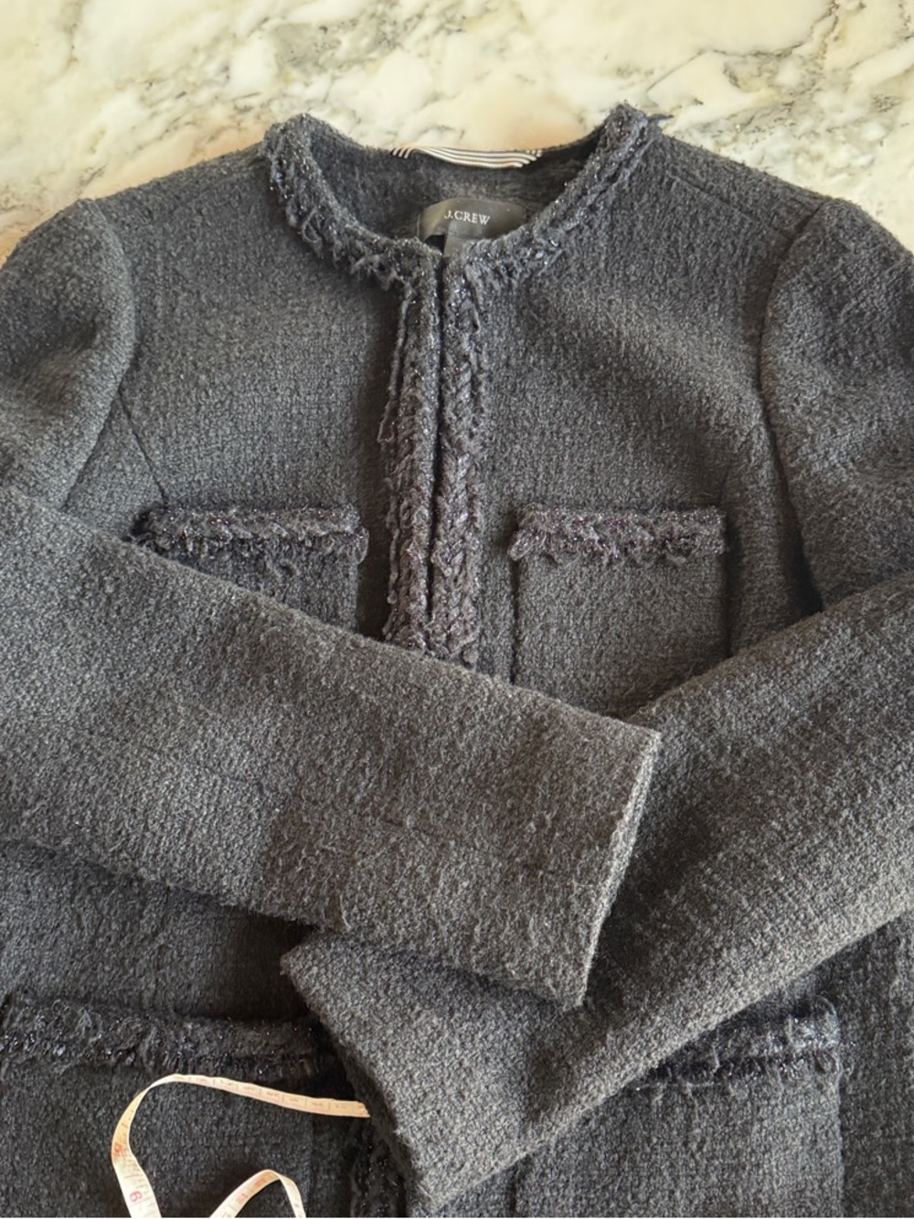 J.Crew Collection Black Bouclé Lady Coat Braided Fringe Trim Wool Blend Size 2 - Picture 15 of 15